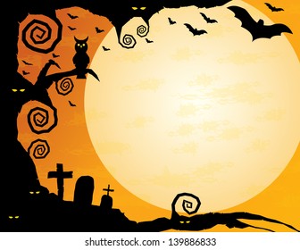 Halloween Background - Gnarled tree with owl, spooky eyes, flying bats and a huge moon -plenty of copy space