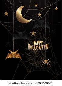 Halloween background with gold bats, spiders and spider web. Vector Illustration