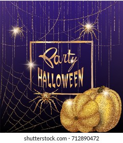 Halloween background with gold pumpkins, spiders and spider web. Vector Illustration