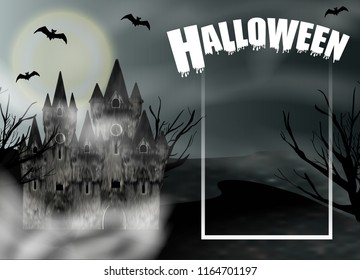 Halloween background with gothic castle in fog and full moon. Fantasy night panoramic view with frame. Vector illustration.
