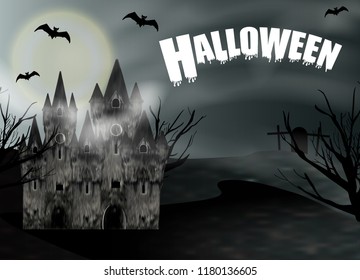 Halloween background with gothic castle and full moon. Fantasy night panoramic view. Vector illustration.