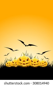 Halloween background with grass bat and pumpkins for invitation, banner or greeting card