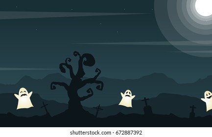 Halloween background with grave and cute ghost