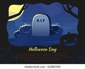 Halloween background with grave and pumpkin in the night