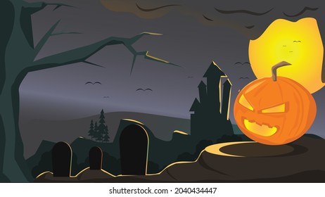 Halloween background. grave stone, moon, castle, tree vector illustration. good to use for Halloween campaign background
