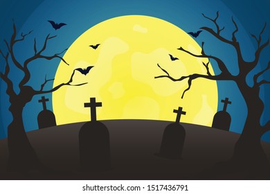 Halloween background with Graves and bats. The moon shines in the night. Vector illustration fat Design.
