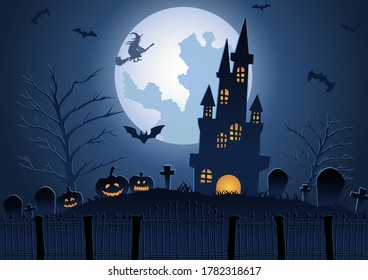 Halloween background with graveyard and castle scene on Halloween night,vector illustration