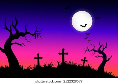 Halloween background with graveyard cross and dead tree silhouette, vector design  