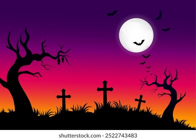 Halloween background with graveyard cross and dead tree silhouette, vector design  