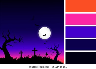 Halloween background with graveyard cross and dead tree silhouette, vector design, color palette included    