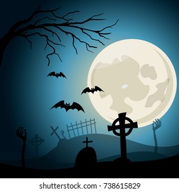 Halloween background. Graveyard with crosses and zombie hands at nigth. Full moon