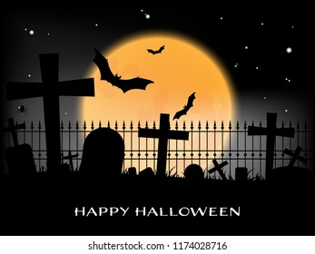 Halloween background of graveyard  with flying bats on full moon sky background and Happy Halloween text. Vector illustration.