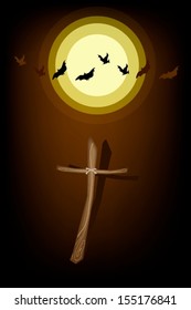 Halloween Background of The Graveyard in Full Moon Night with Wooden Cross and Evil Bat, Sign for Halloween Celebration 