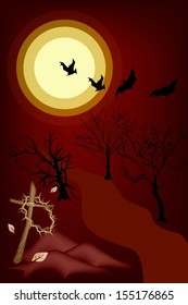 Halloween Background of The Graveyard in Full Moon Night with A Crown of Thorns Hanging on A Wooden Cross, Sign for Halloween Celebration 