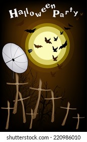 Halloween Background of The Graveyard in Full Moon Night with Wooden Cross and Evil Bat, Sign for Halloween Celebration 
