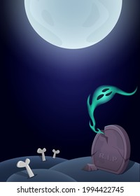 Halloween background with graveyard, grave and flying scary ghost. Vector illustration