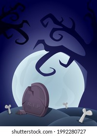 Fondo de Halloween con cementerio, tumba, luna y árbol espeluznante. Ilustración del vector