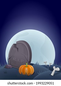 Halloween background with graveyard, grave, moon and pumpkin. Vector illustration