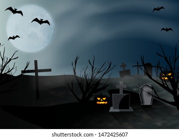 Halloween background. Graveyard with gravestones to background full moon. Banner or poster for party and sale. Vector illustration.