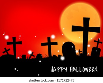 Halloween background with graveyard and Happy Halloween text.