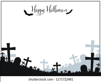 Halloween background with graveyard and Happy Halloween text.