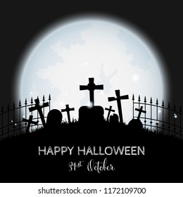 Halloween background with graveyard and Happy Halloween text.