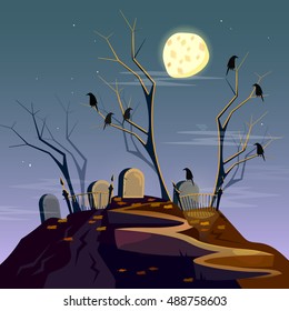 Halloween background graveyard at night cartoon spooky forest with dead trees vector 