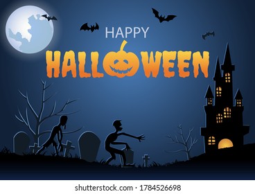 Halloween background with graveyard scene and mummy on Halloween night,vector illustration