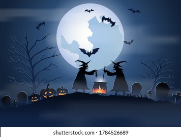 Halloween background with graveyard scene and the witches on Halloween night,vector illustration