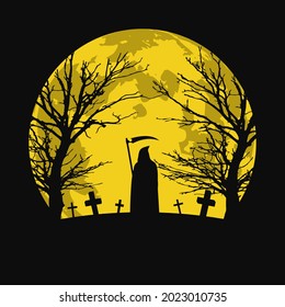Halloween background with graveyard. Silhouette of death with scythe. Vector illustration
