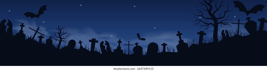 Halloween background with graveyard silhouettes, bats and copy space for your billboard design or title. Horizontal vector illustration in flat style, dark blue black colors, copy space
