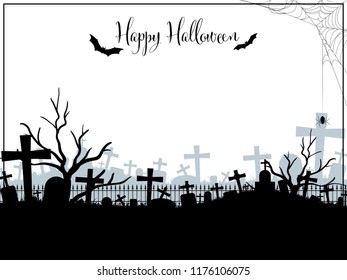 Halloween background of graveyard with spider, cobweb, bats and Happy Halloween text with copy space. Vector illustration design for Invitation to party or greeting card or banner.
