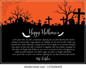 Halloween background of graveyard with spider, cobweb, bats and Happy Halloween text with copy space. Vector illustration design for Invitation to party or greeting card or banner.