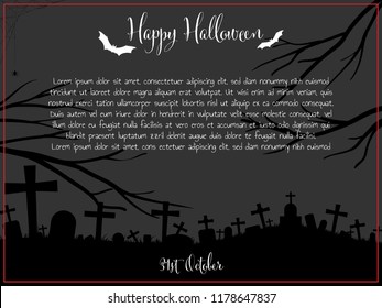 Halloween background of graveyard with tree branches, spider with cobweb, bats and Happy Halloween text with copy space. Vector illustration design for Invitation to party or greeting card or banner.