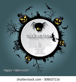 Halloween background  with  graveyard, witch, pumpkin, bats and text place