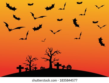 halloween background, great design for any purpose. background pattern, bats tree and grave silhouette. Halloween party spooky design pattern