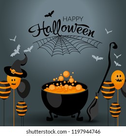 Halloween background. Halloween greeting card with balloons, witch hat, broom and cauldron. Vector illustration.