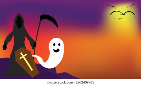 halloween background grim reaper casket white ghost with bird and gradien purple red orange yellow background spooky halloween night