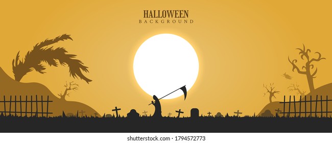 Halloween background with grim reaper holding scythe on grave