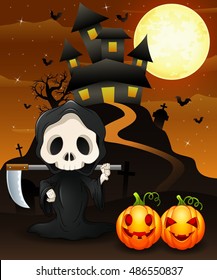 Halloween background with grim reaper and pumpkins.Vector illustration