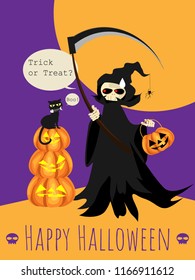 Halloween background with grim reaper with scythe, cat and Happy Halloween text.