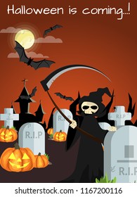 Halloween background with grim reaper with scythe in graveyard and Happy Halloween text.