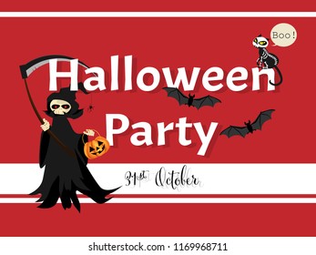 Halloween background with grim reaper with scythe and skeleton cat and Halloween Party text.