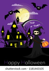 Halloween background of grim reaper with scythe near haunted house with flying bats on full moon sky and Happy Halloween text. Vector illustration.