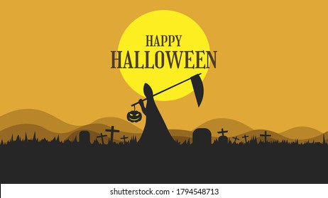 Halloween background with grim reaper walking on spooky grave