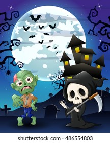Halloween background with grim reaper and zombie.Vector illustration