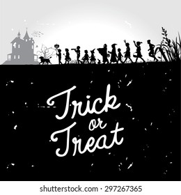 Halloween background, group of children trick or treating in Halloween costume