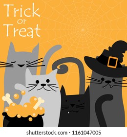 Halloween background of group of cute cats with a cat wearing witches hat, magic potion with bones in witch's cauldron and Trick or Treat text on yellow background with cobweb. Vector illustration.
