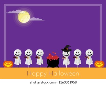Halloween background of group of ghost scarecrow with witch hat, a magic potion pot and Halloween pumpkin on purple background with full moon, clouds and Happy Halloween text. Vector illustration.