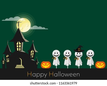 Halloween background of group of ghost scarecrow with witch hat, Halloween pumpkin, haunted house and Happy Halloween text on green background with full moon, clouds and your copy space.